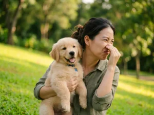 A pet parent holding a Golden Retriever puppy with one hand, while holding her nose with the other.