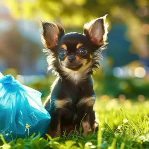 Long-haired Chihuahua puppy sitting in the yard next to a dog poop bag.