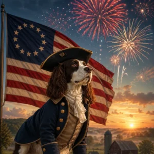 Patriotic dawn with a noble Spaniel. Paws of the Revolution: The Dogs of America’s 13 Colonies.