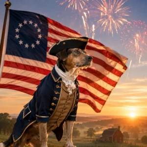 Patriotic dawn with heroic Cur. Paws of the Revolution: The Dogs of America’s 13 Colonies.