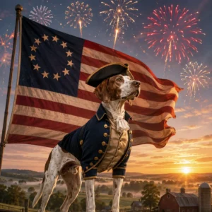 Patriotic dawn with heroic Pointer. Paws of the Revolution: The Dogs of America’s 13 Colonies.