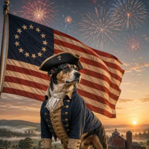 Patriotic dawn with heroic Cur. Paws of the Revolution: The Dogs of America’s 13 Colonies.