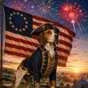 Patriotic dawn with heroic Hound. Paws of the Revolution: The Dogs of America’s 13 Colonies.