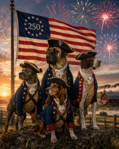Patriotic dogs in colonial attire. Paws of the Revolution: The Dogs of America’s 13 Colonies.