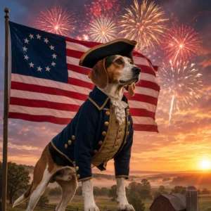 Patriotic hero Foxhound at sunrise. Paws of the Revolution: The Dogs of America’s 13 Colonies.