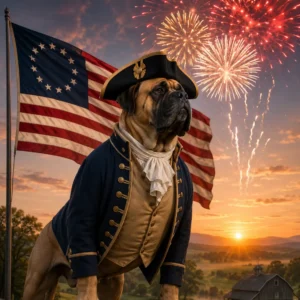 Patriotic hero Mastiff at sunrise. Paws of the Revolution: The Dogs of America’s 13 Colonies.